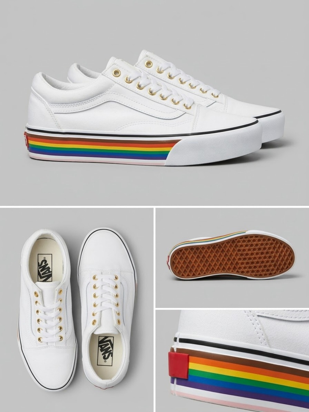 Vans White Low-Top Canvas Sneakers with Rainbow Stripe women’s size 10